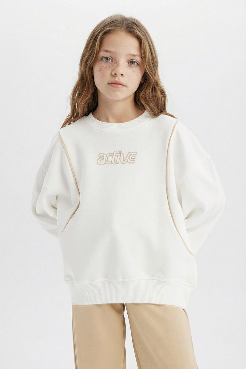 DeFacto Beige Girl Girl Oversize Crew Neck Printed Sweatshirt Casual - Image 4